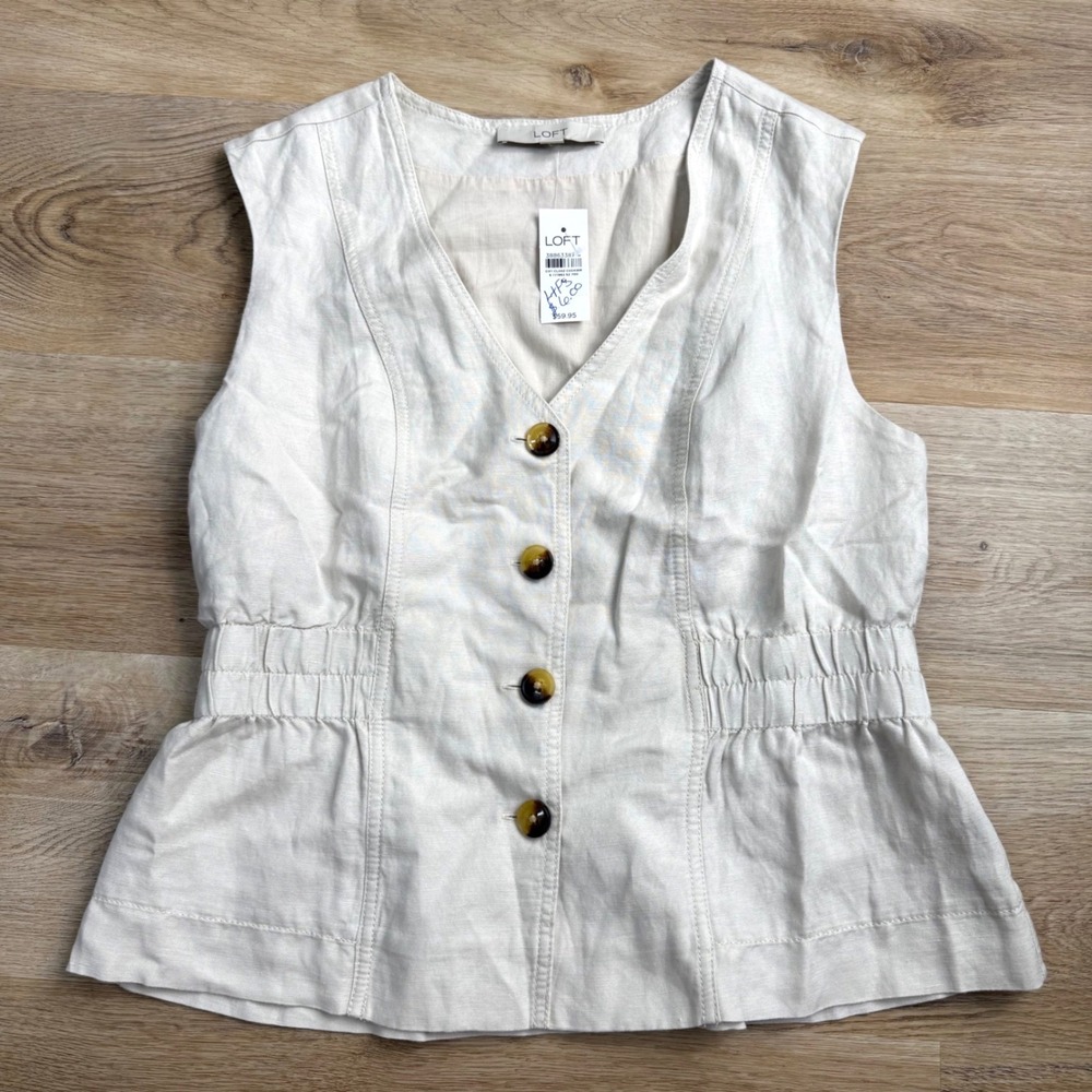LOFT Beige Linen Blend Peplum Vest Top Womens M Minimalist Granola Vacay Vibes